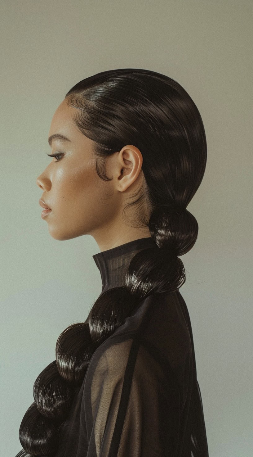 A woman with a low, sleek ponytail styled into large bubbles, wearing a black top.