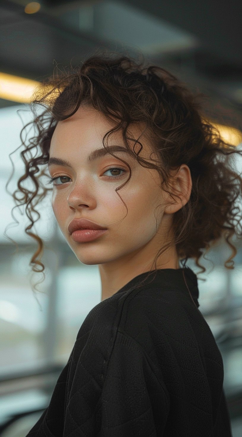 This photo shows a woman with curly hair styled into a low chignon.