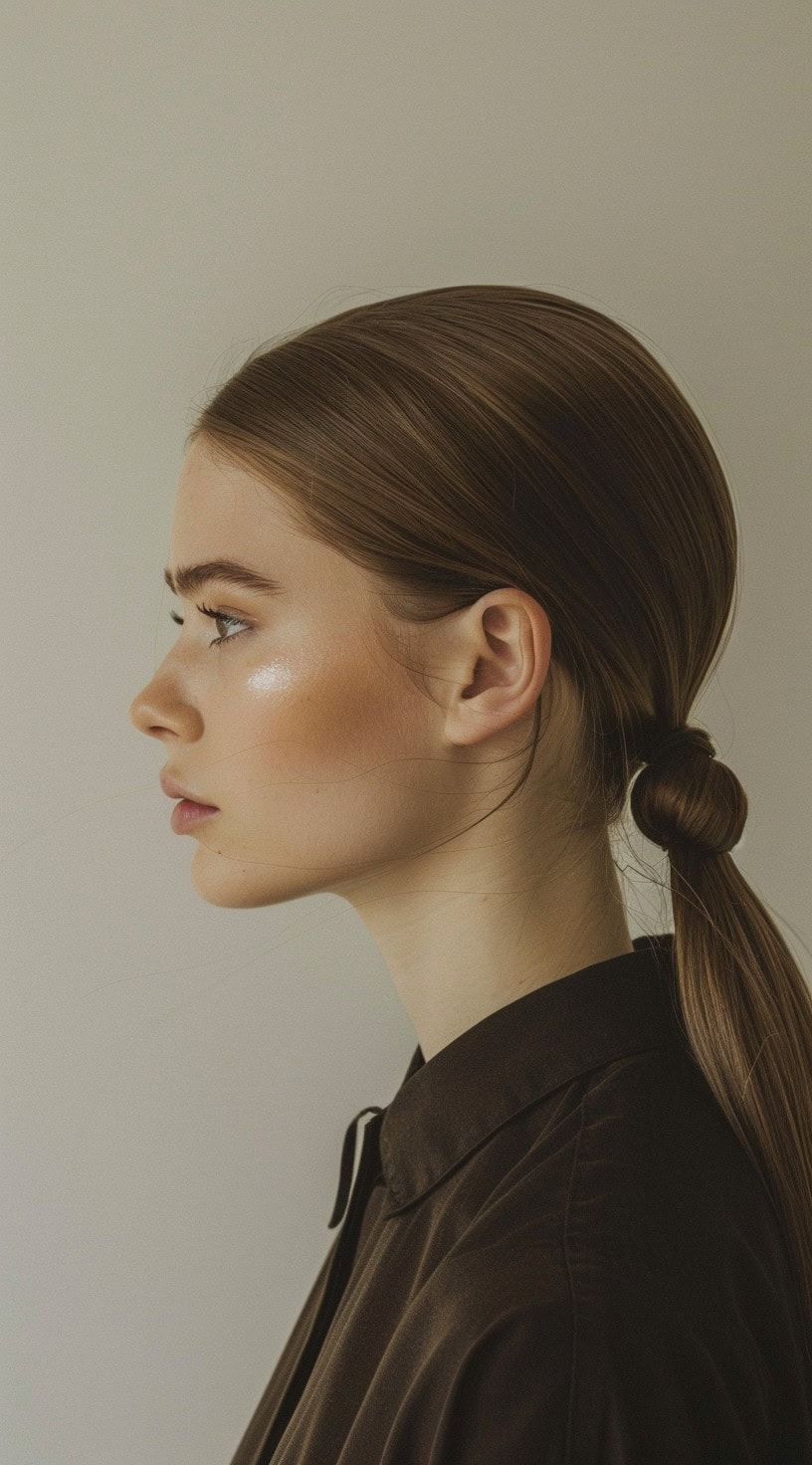 A woman with a low, sleek ponytail tied into a simple knot at the nape, wearing a brown shirt.