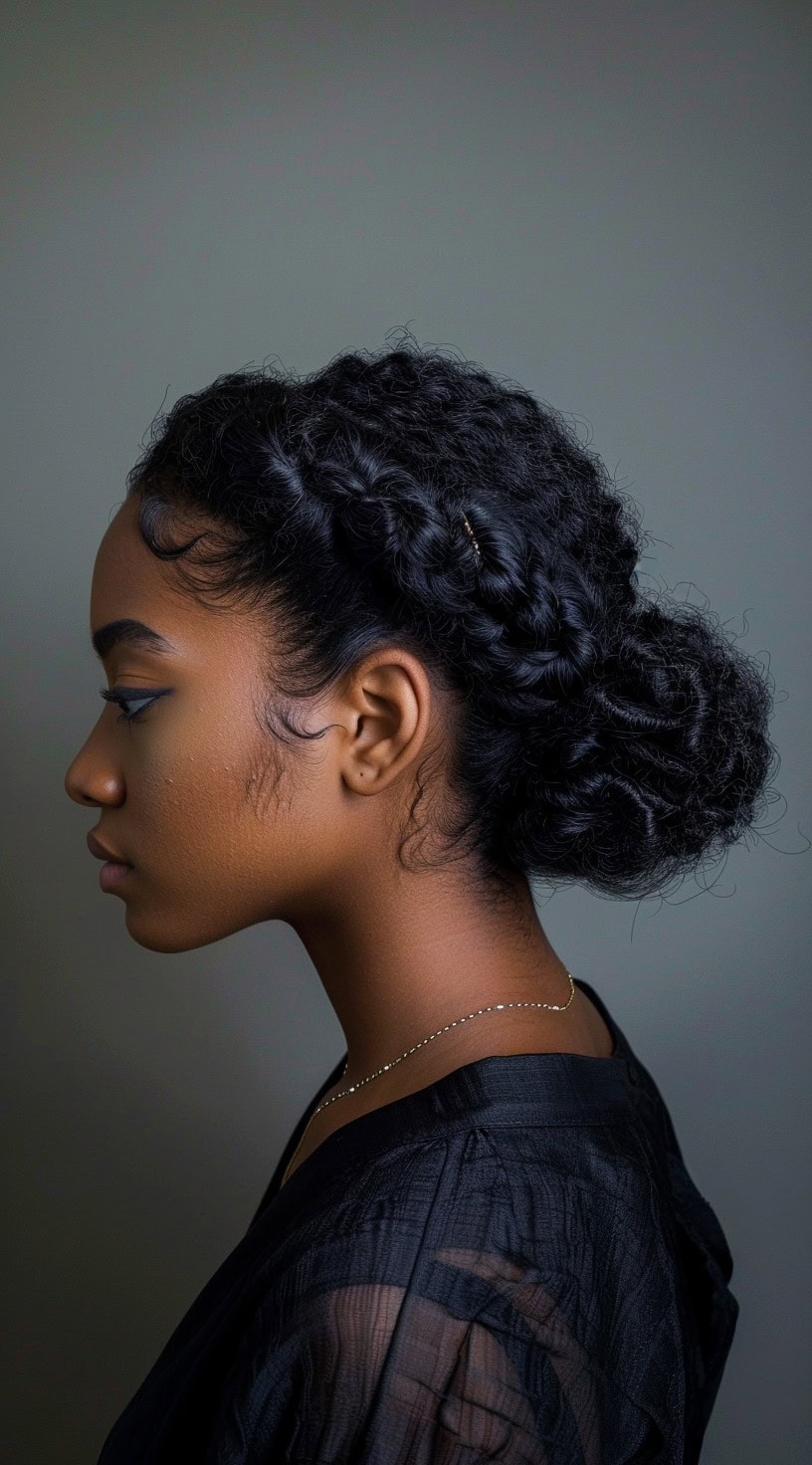 Low manipulation bun with braided details, viewed from the side on a woman with a serene expression.