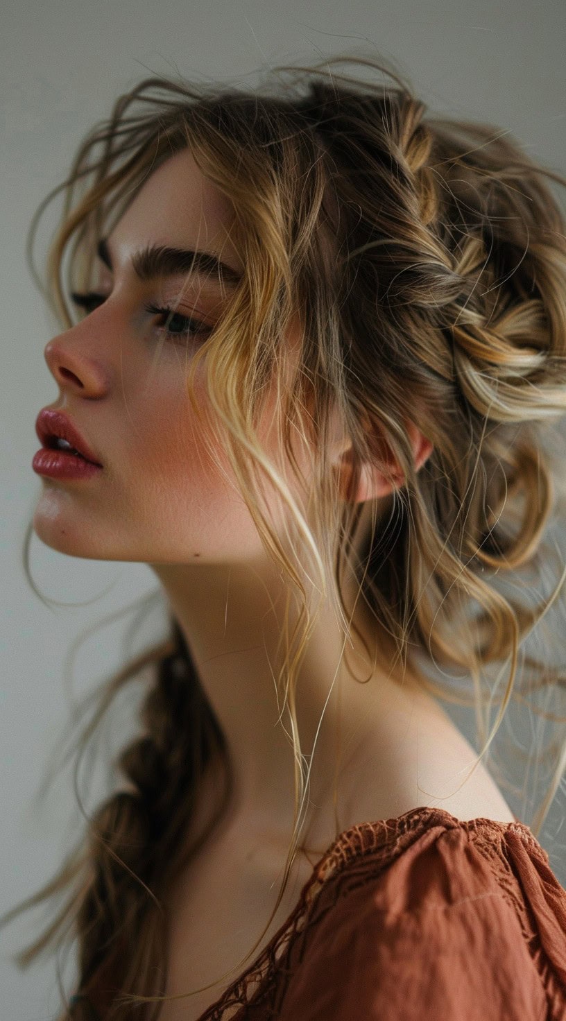 Close-up side view of a woman with a low, loose braid, and wavy tendrils framing her face.