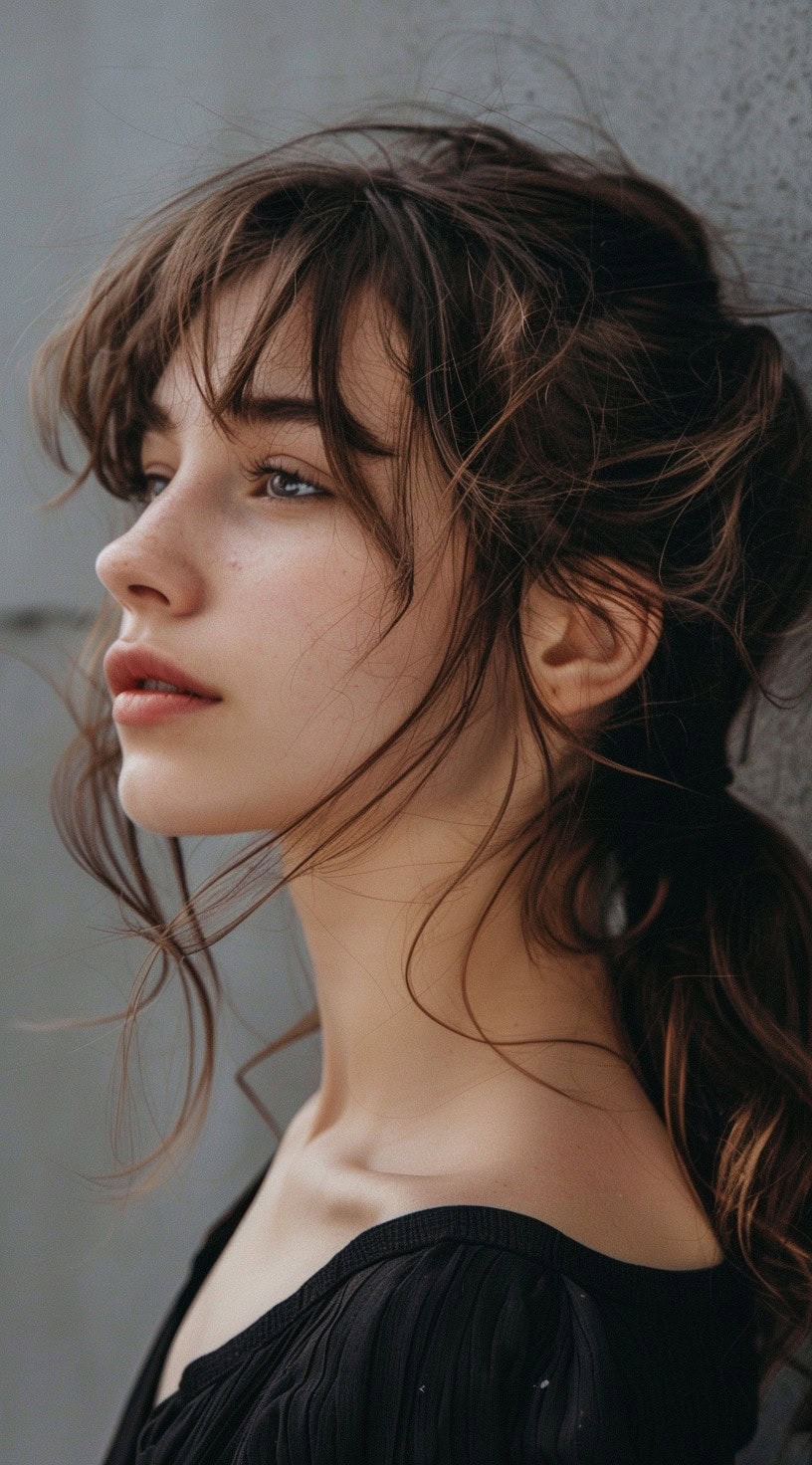 Profile view of a woman with a low messy ponytail, wispy bangs, and loose, wavy tendrils.