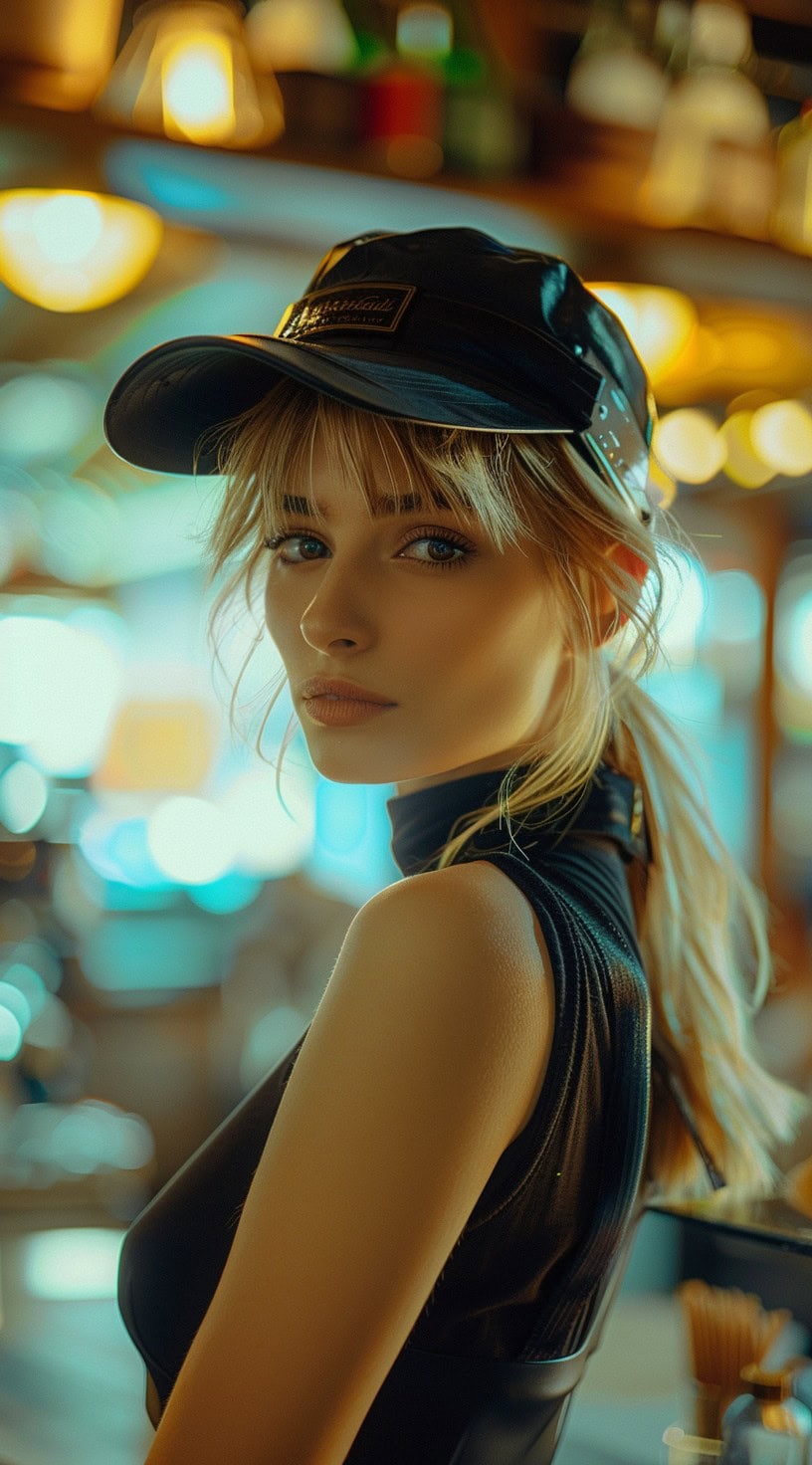 Portrait of a woman with a low ponytail and bangs, wearing a black cap in a brightly lit indoor space.