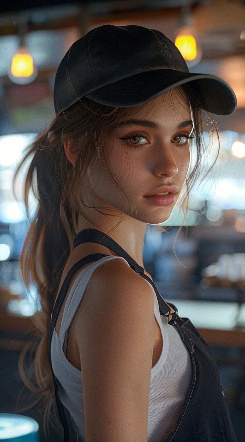 Close-up of a woman with a low ponytail and loose tendrils framing her face, wearing a black cap.