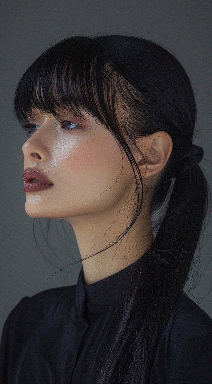 A woman with a low, sleek ponytail, long blunt bangs, and face-framing tendrils, wearing a black top.