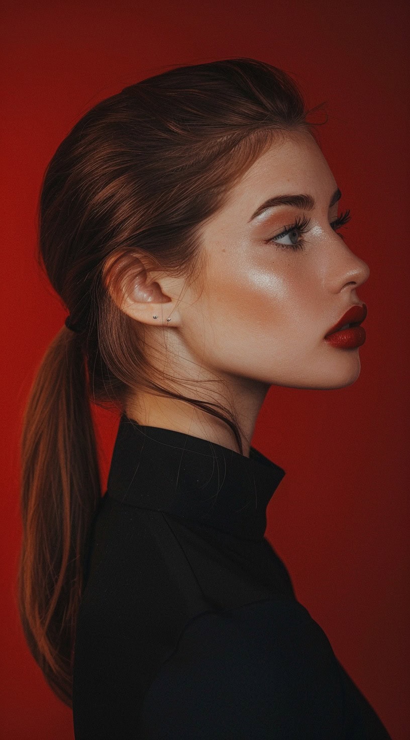 A woman with a low, sleek ponytail and voluminous top, wearing a black turtleneck.