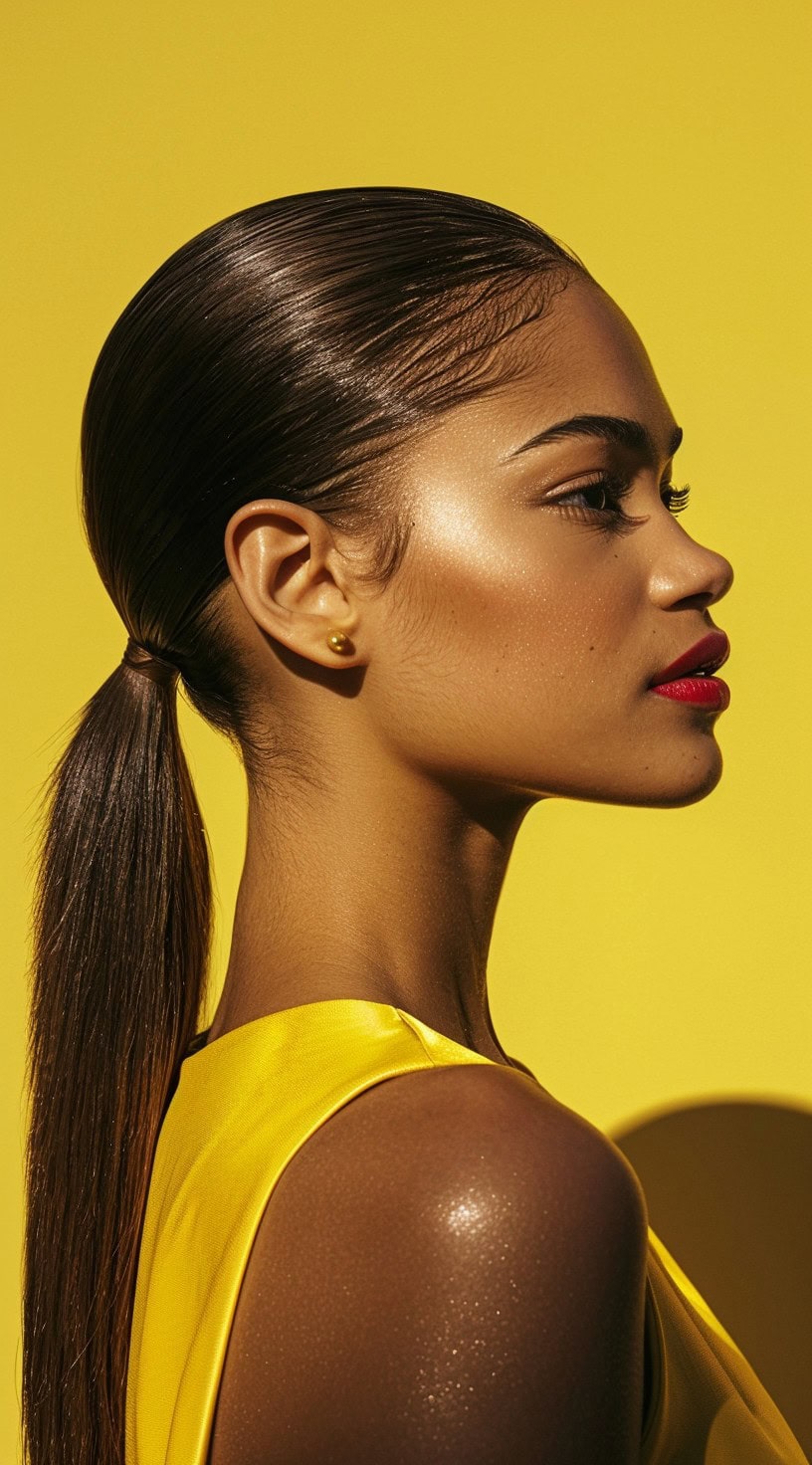 A woman with a low, sleek ponytail, wearing a yellow dress.