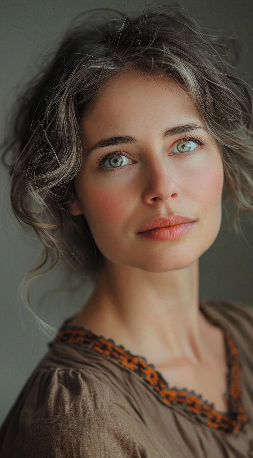 Low tousled updo on a woman with dark brown hair, creating a soft and romantic look.