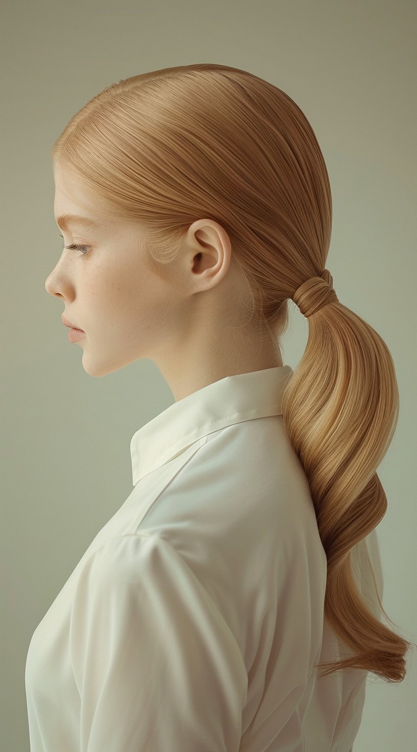 A woman with a low, sleek ponytail wrapped in a spiral pattern, wearing a white shirt.