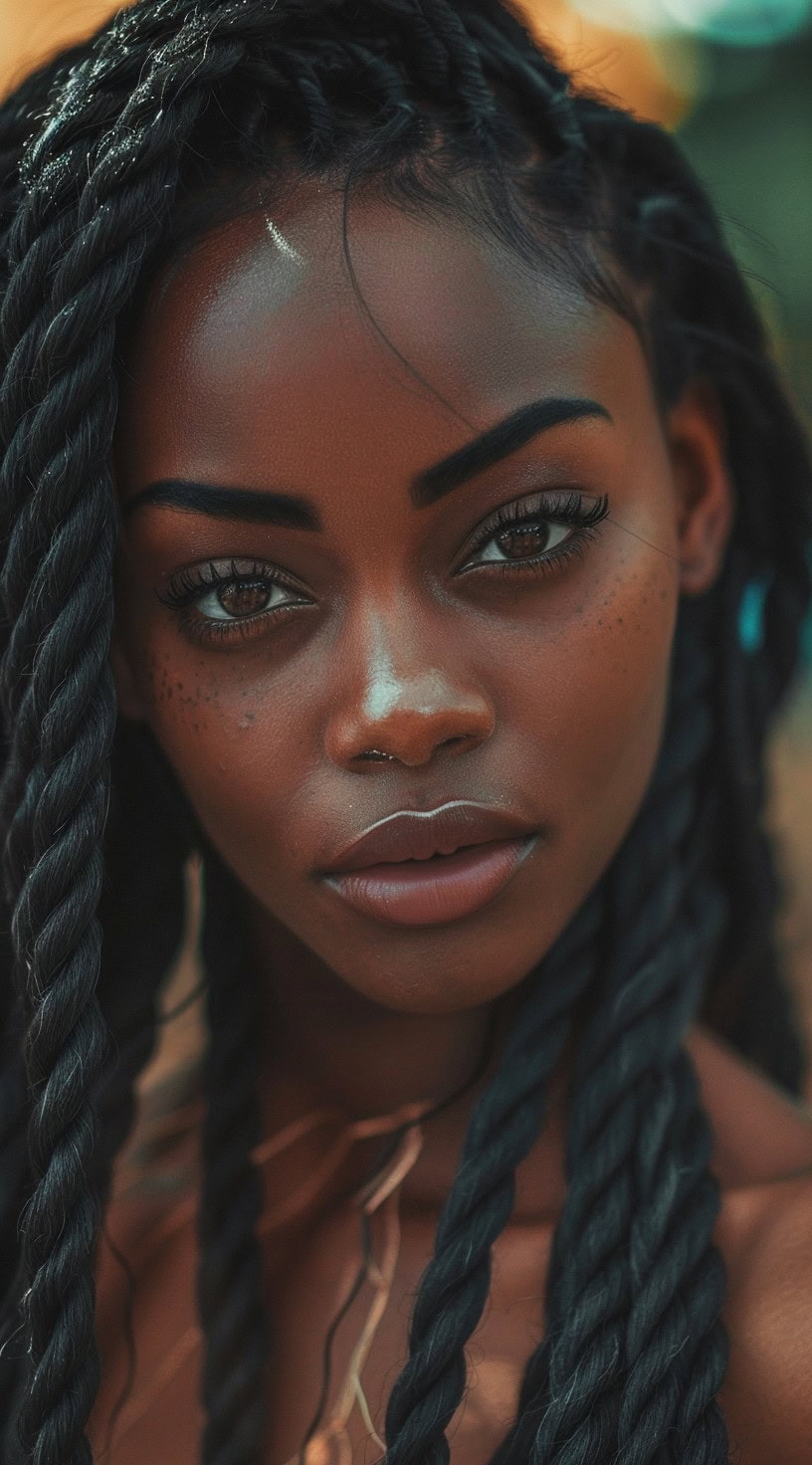 Close-up of a woman with long Marley twists.