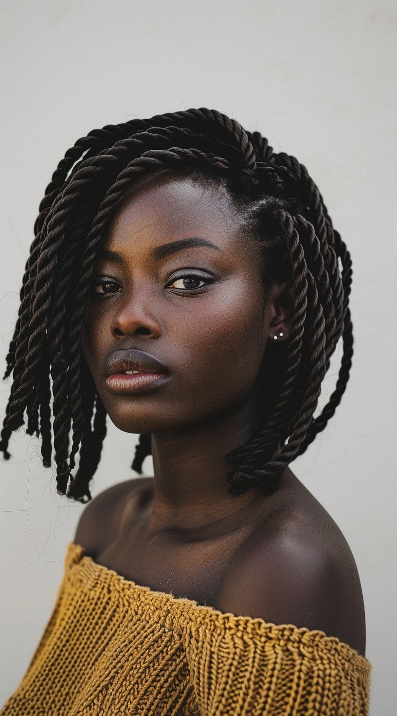 Marley twists styled in a thick, shoulder-length pattern on a woman.