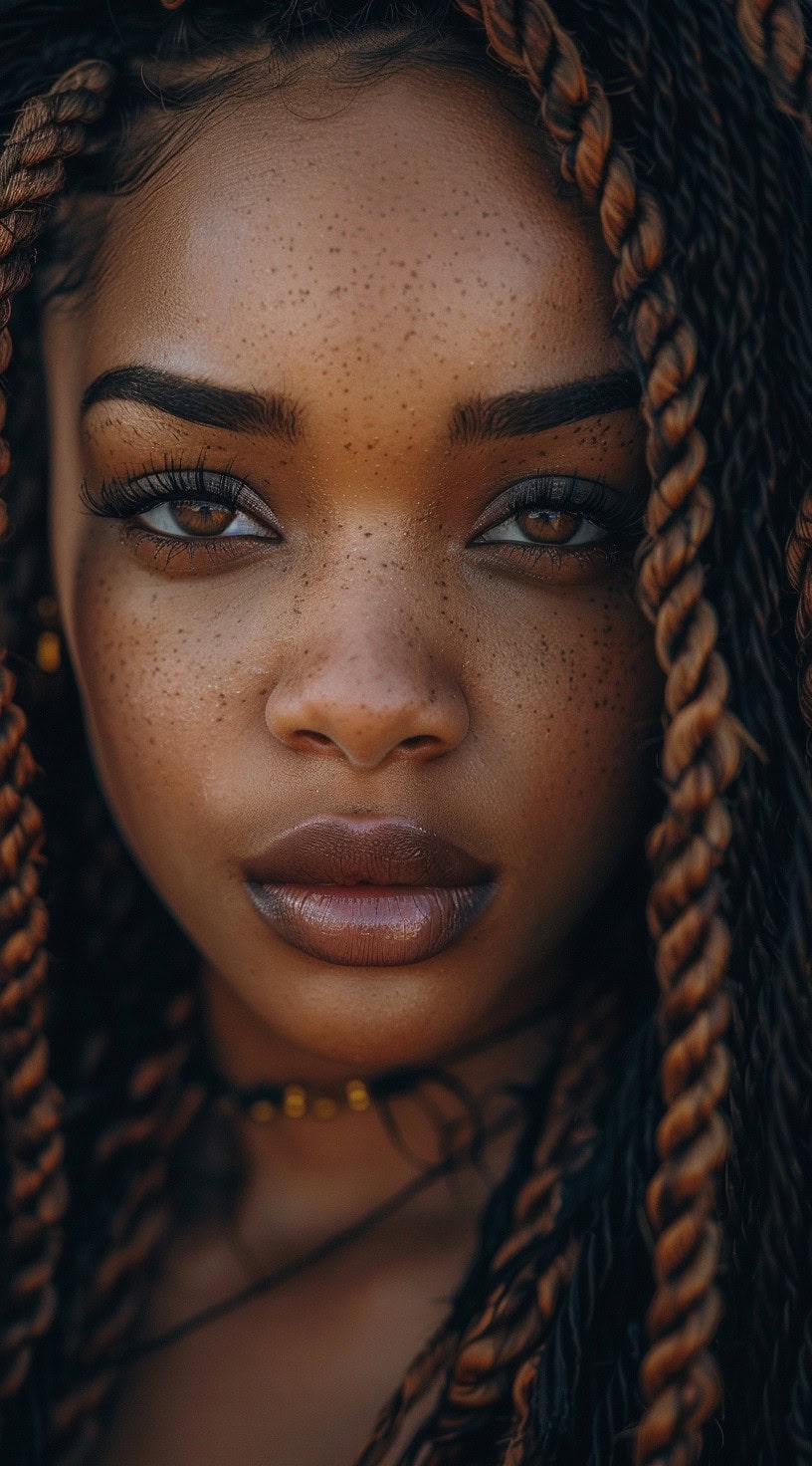 Marley twists are long, thick twists with a mix of dark and light brown hair, shown on a woman with freckled skin.