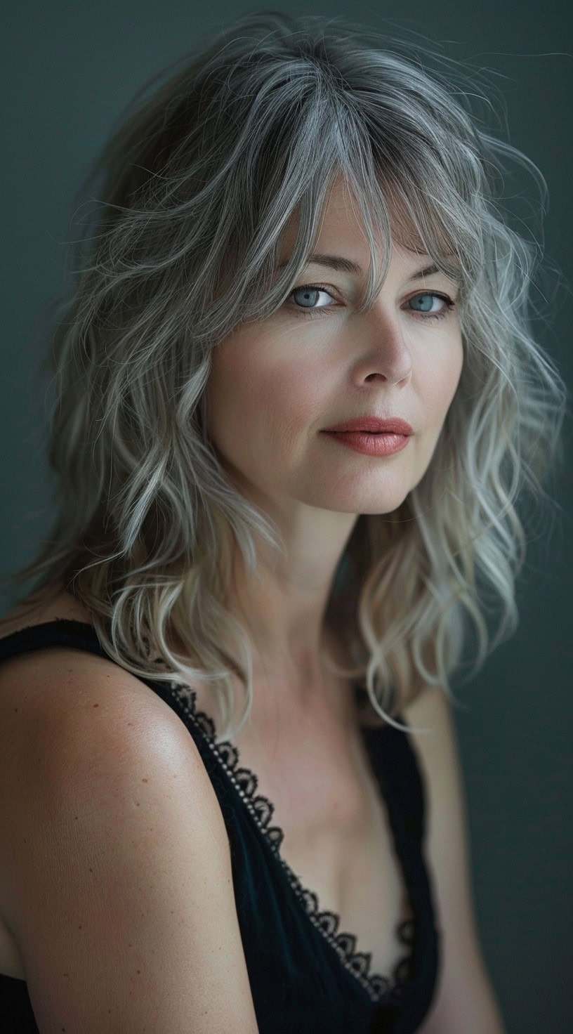 Shaggy medium-length cut with side bottleneck bangs on a woman with wavy, silver-gray hair.