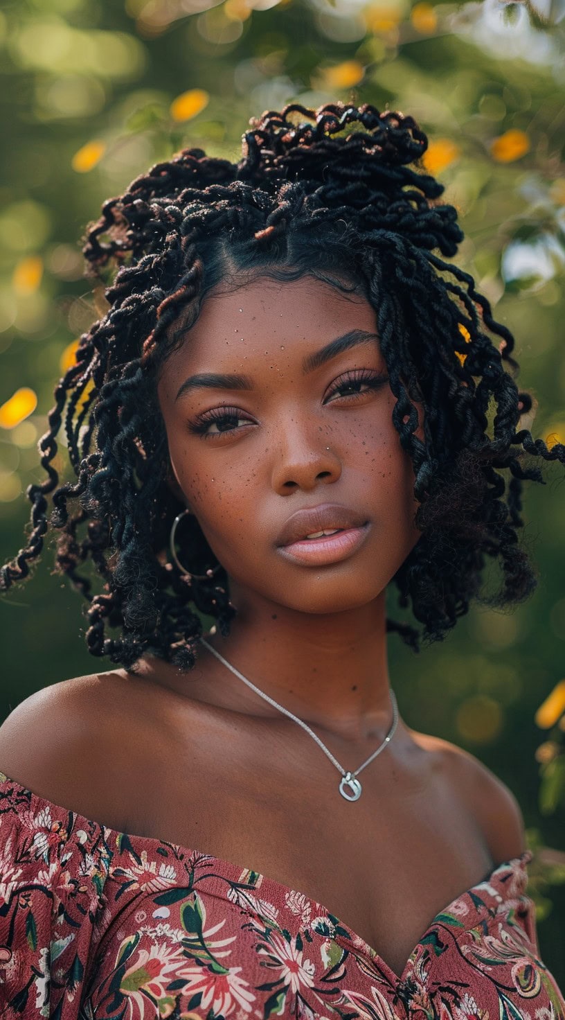 Two-strand twists styled in medium-length twists on a woman with a thoughtful expression.