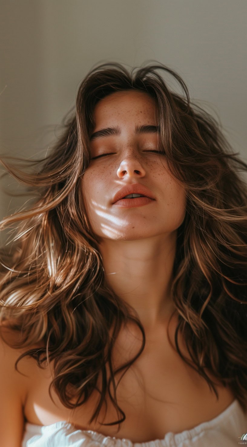 Front-facing view of a woman with medium-length, naturally wavy hair, eyes closed in a serene expression.