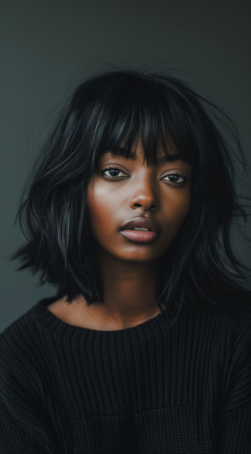 Front view of a woman with a messy bob haircut and textured bangs, wearing a black sweater.