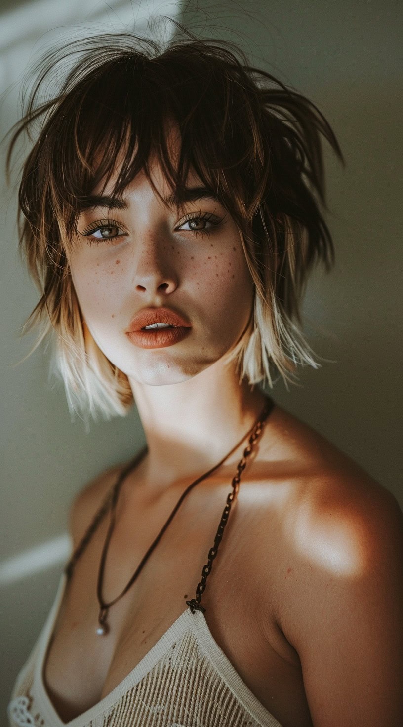 Young woman with a messy bob and wispy bangs, illuminated by natural light.