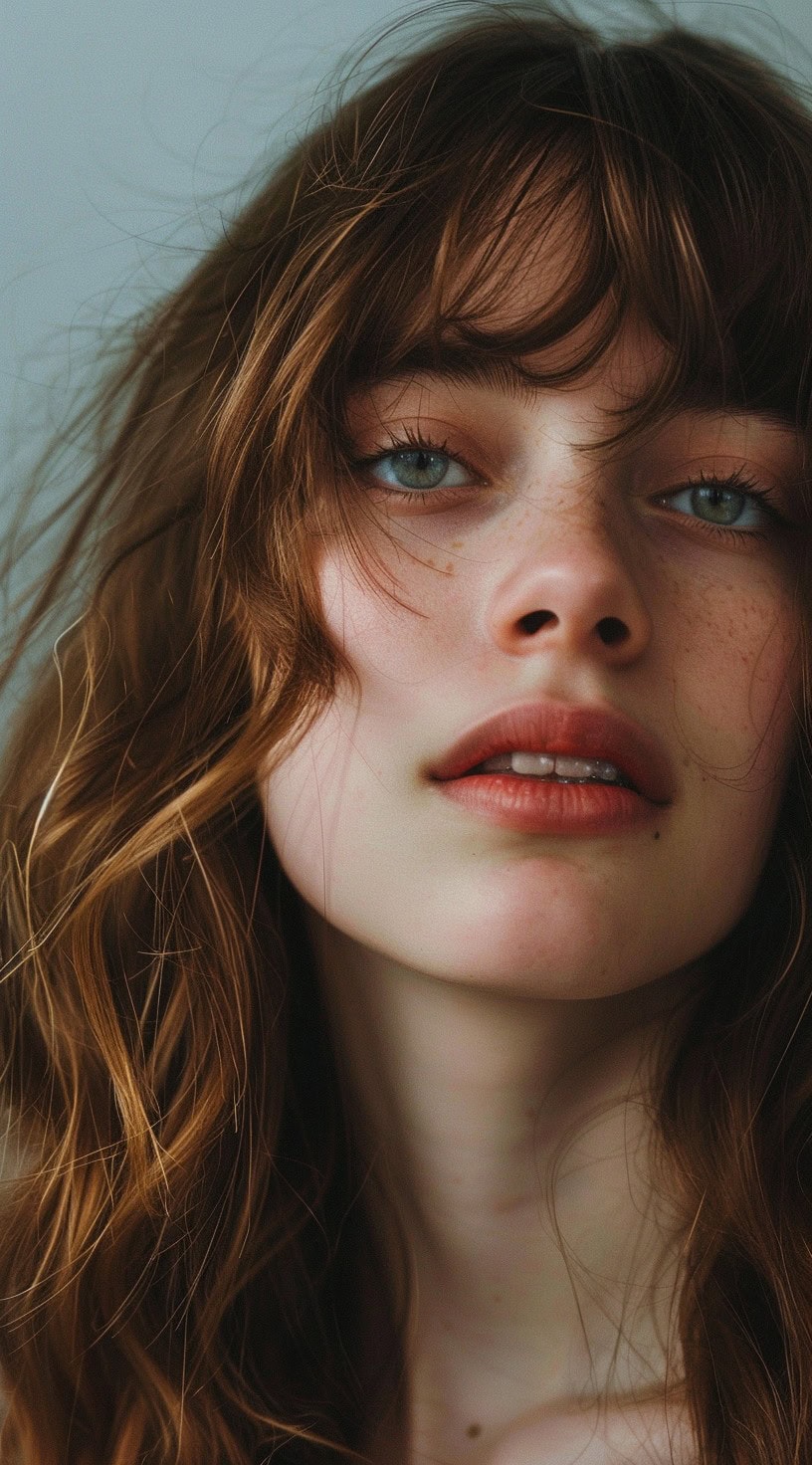 Close-up of a woman with messy bottleneck bangs and wavy layered hair.