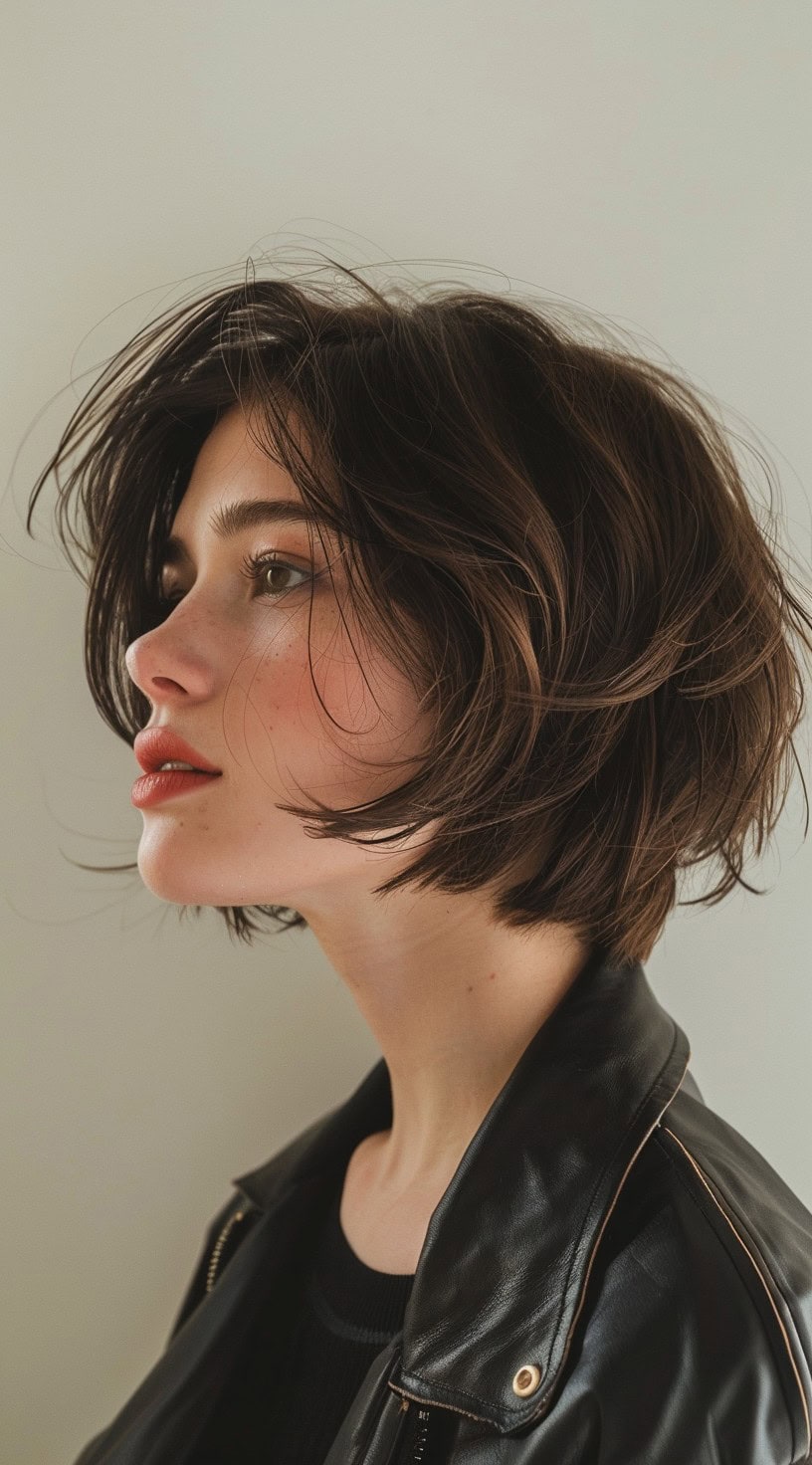 This image shows a side profile of a woman with a messy chic stacked bob, wearing a leather jacket.