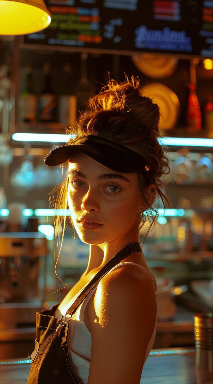 Portrait of a woman with a messy high bun wearing a black visor in a warmly lit environment.