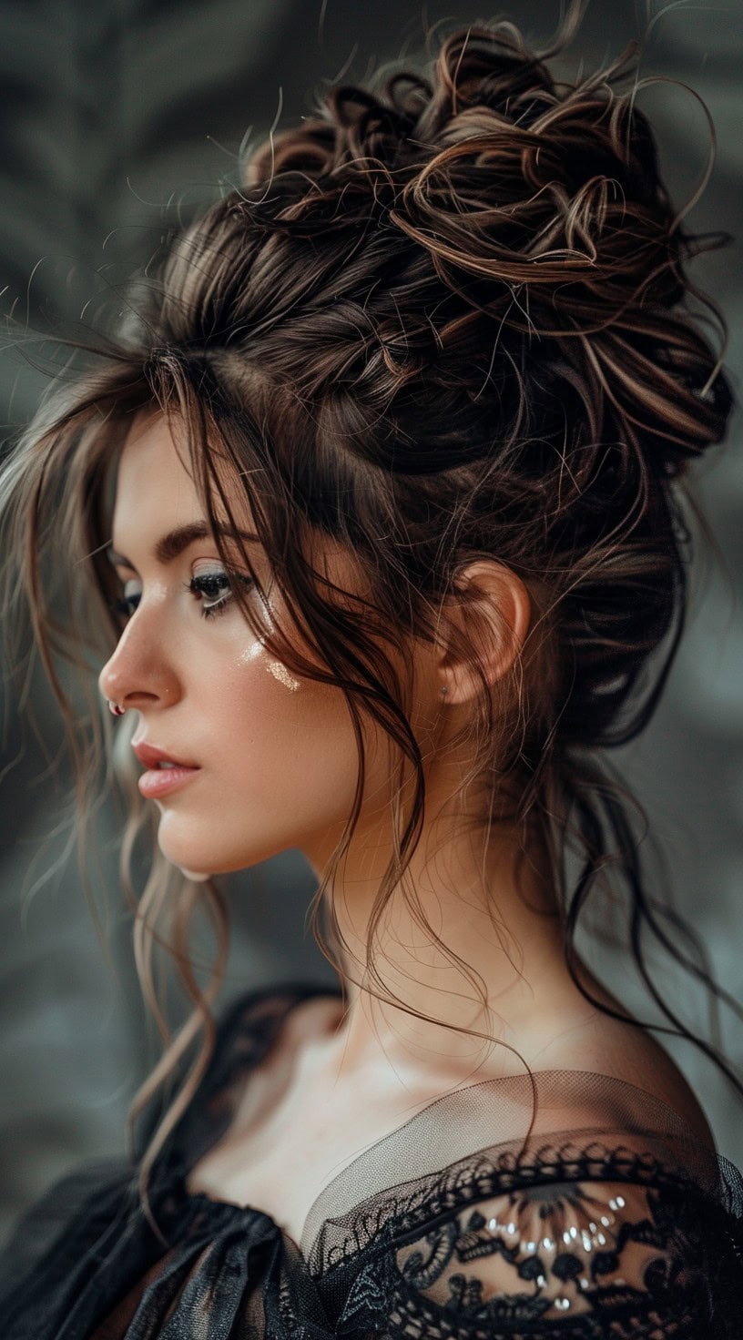 In this photo, a woman with a messy high bun and loose tendrils framing her face is shown in profile.