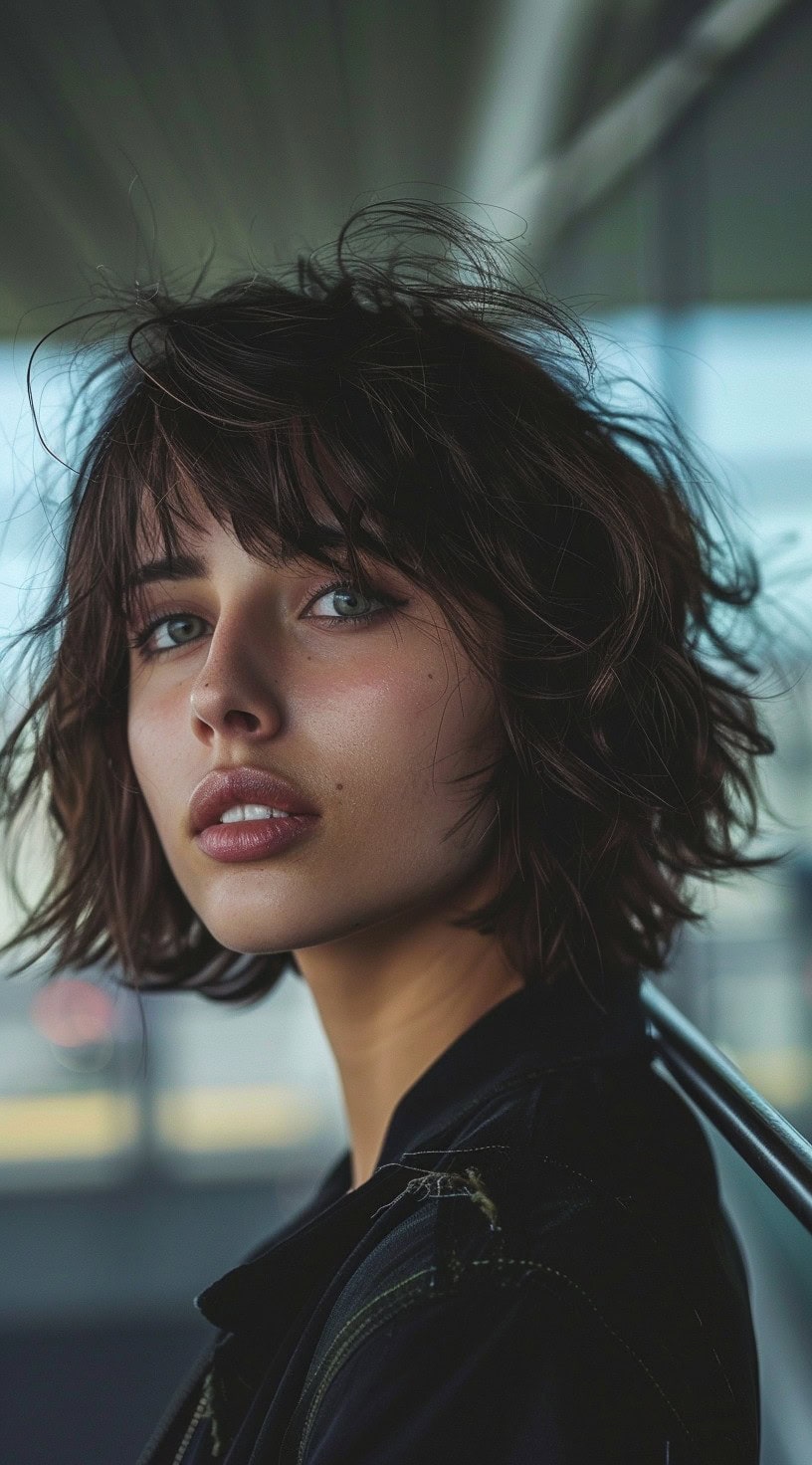 In the image, a person with a messy layered bob stands in an airport corridor.