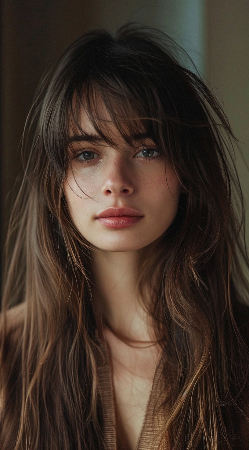 A woman with long, messy layers and curtain bangs framing her face.