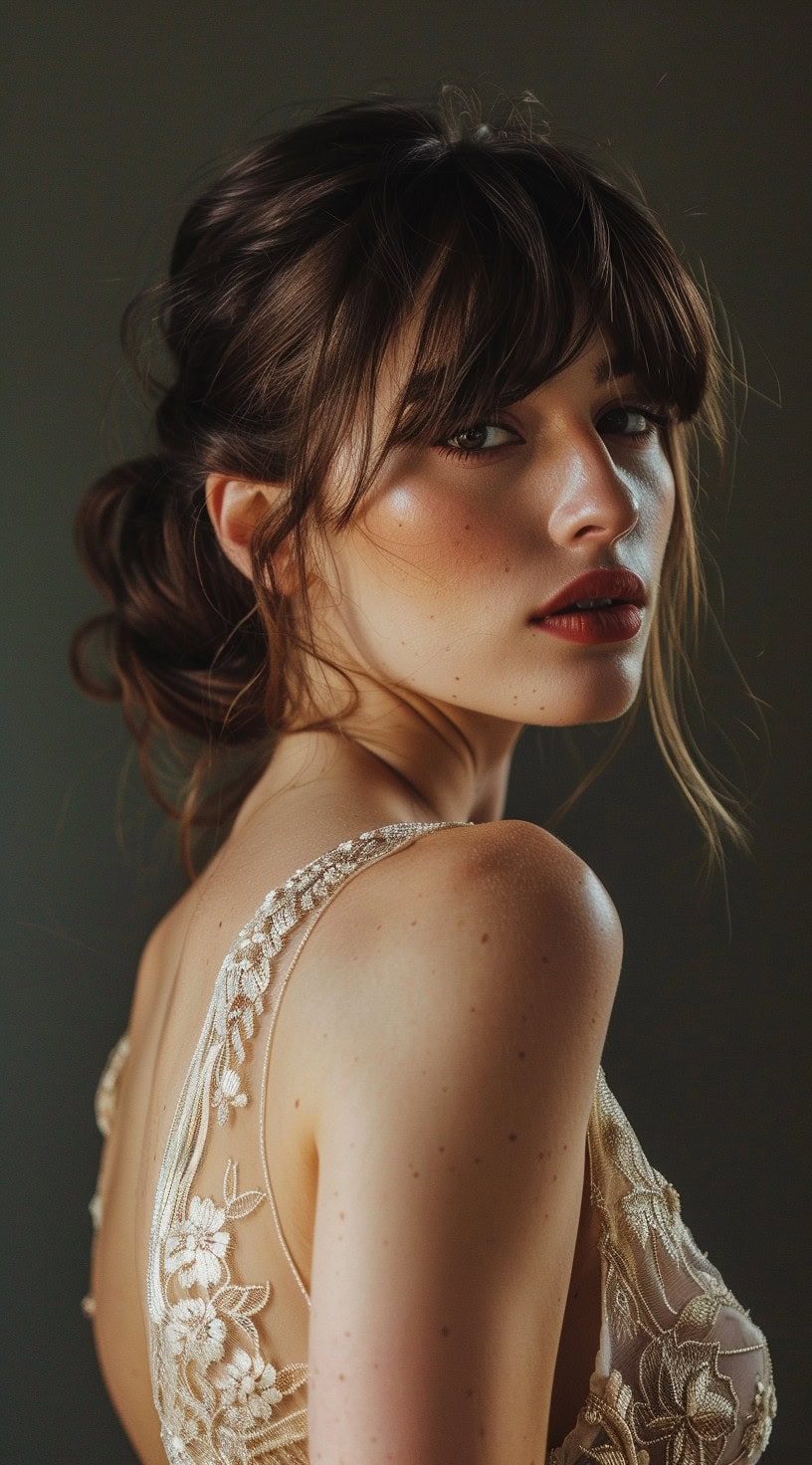 Close-up of a woman with a messy low bun and bottleneck bangs, exuding elegance and casual charm.