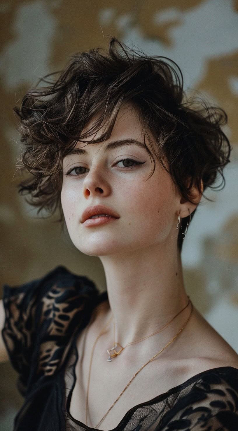 Side profile of a woman with a messy pixie cut and wavy hair, with dramatic lighting.