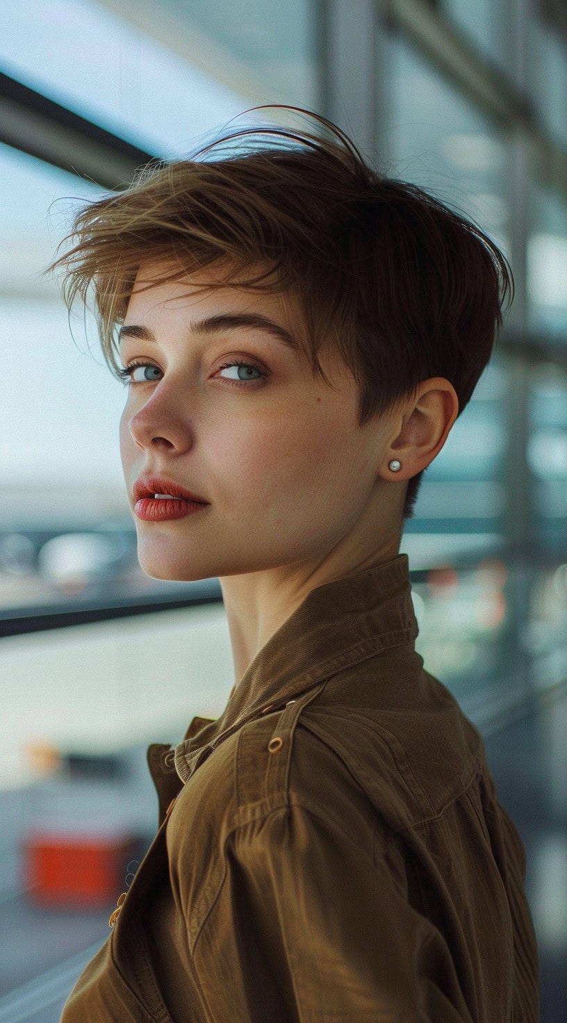 A woman with a messy textured pixie cut standing by a window.