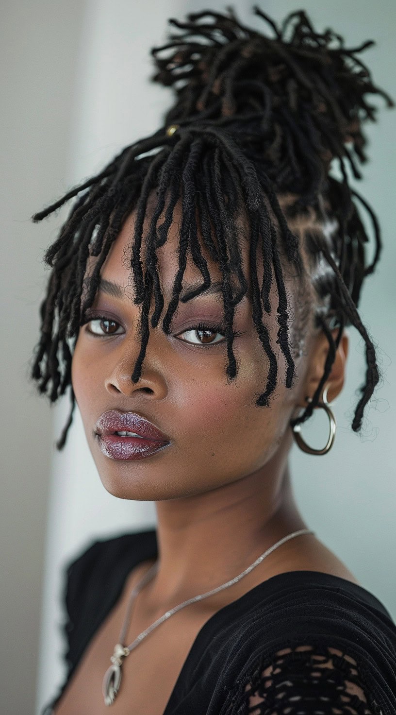 In this photo, a woman with a messy textured thin locs updo looks off to the side, showcasing the texture and volume of her hairstyle.