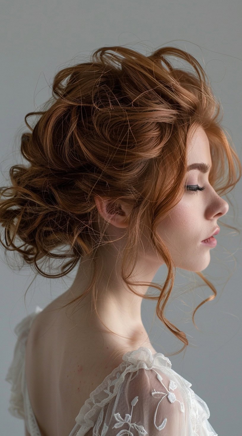 Side profile of a woman with a loose, voluminous updo and curly strands falling around her face.