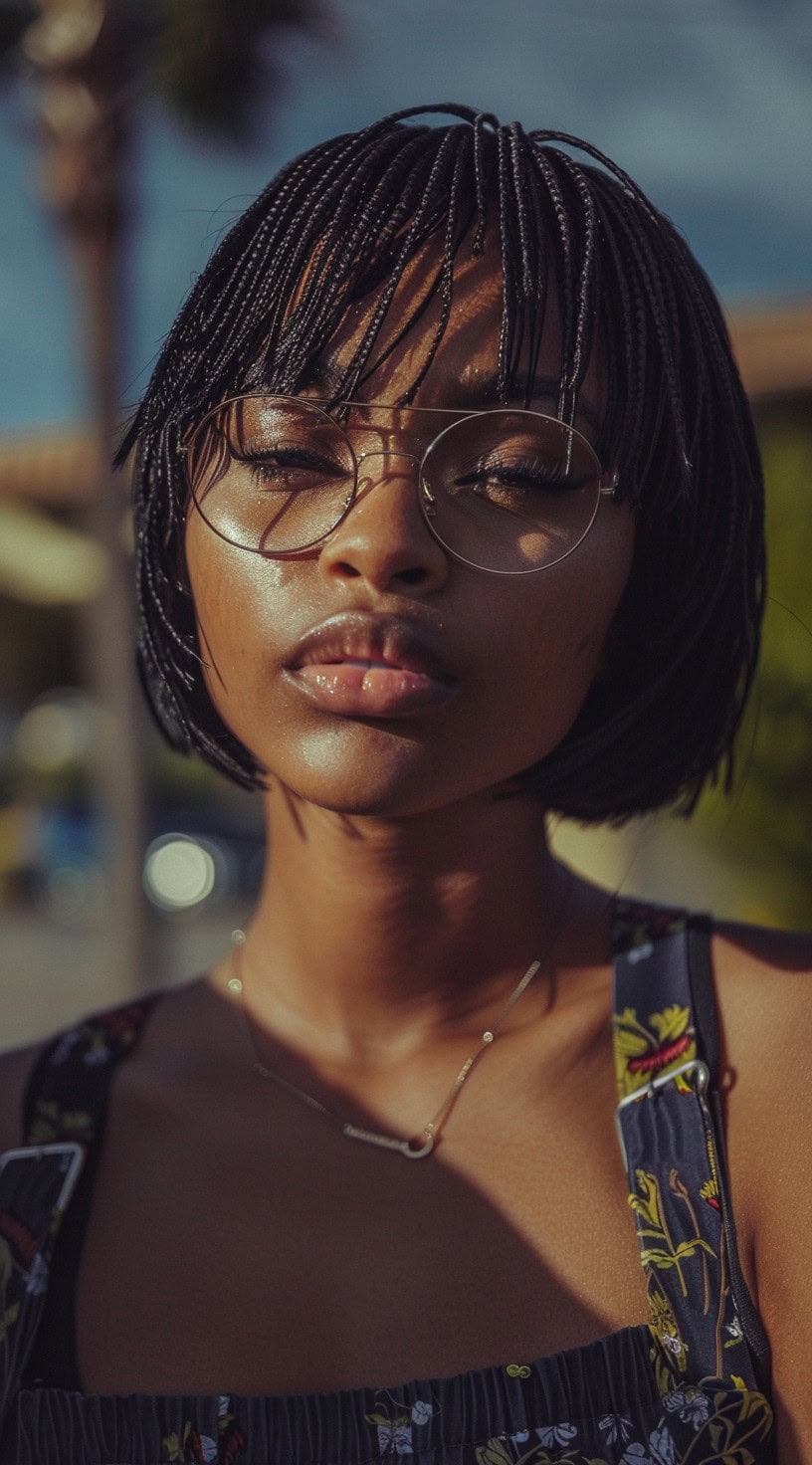 Outdoor close-up of a woman wearing a bob of microbraids with bangs, adorned with glasses.