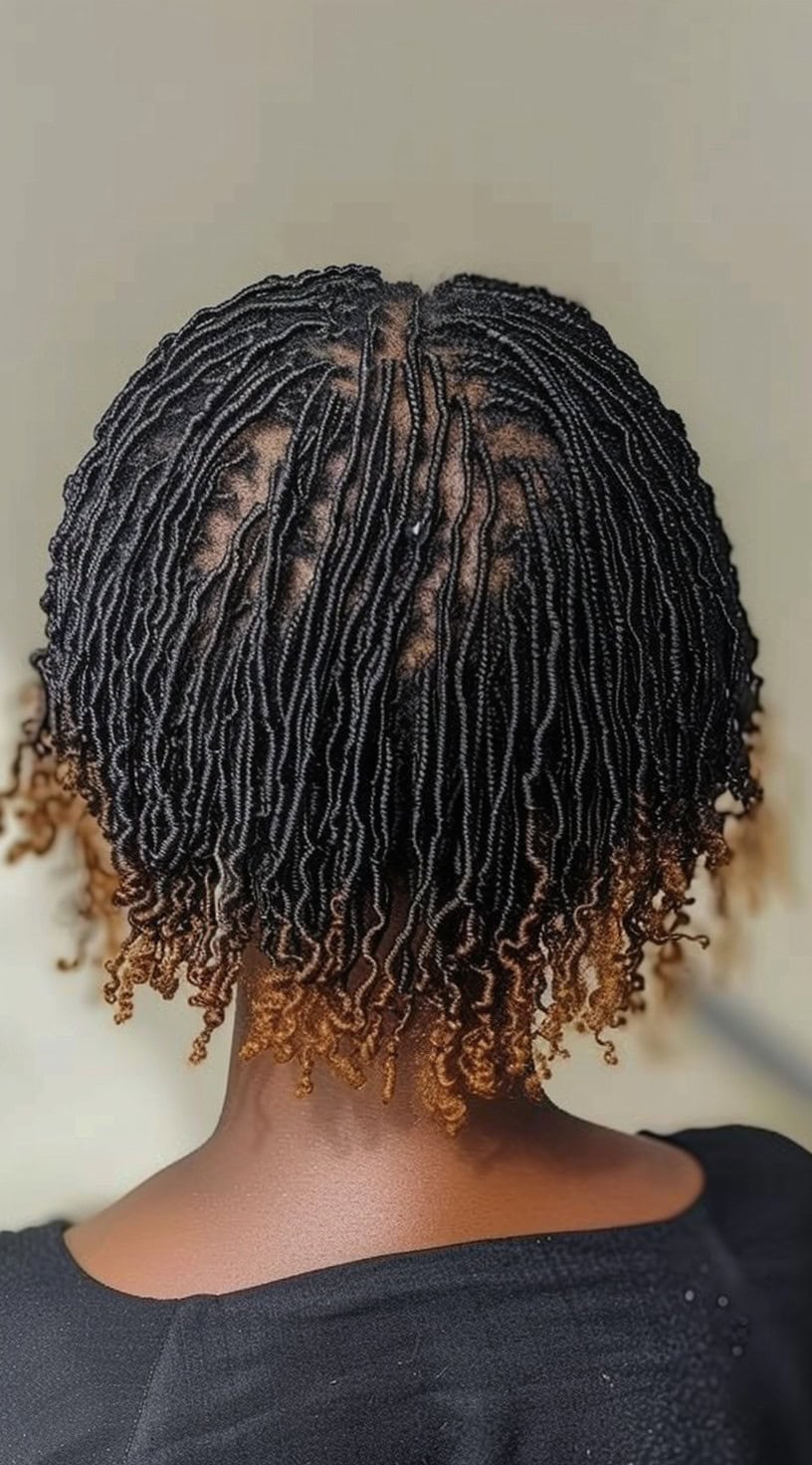 Microtwists styled in a short, layered cut viewed from the back.