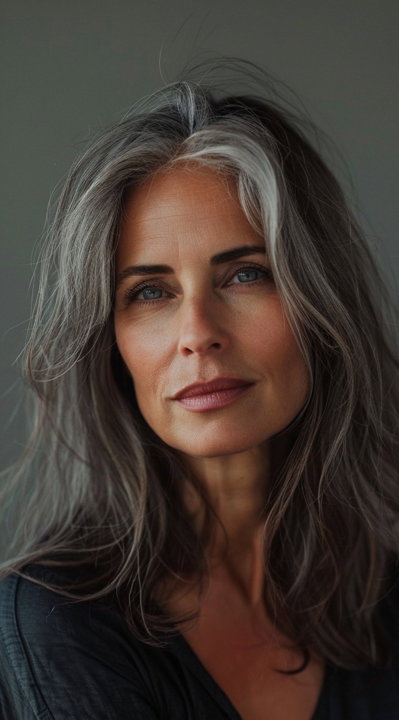 Mid-length layered hairstyle with subtle waves on a woman with silver-gray hair.