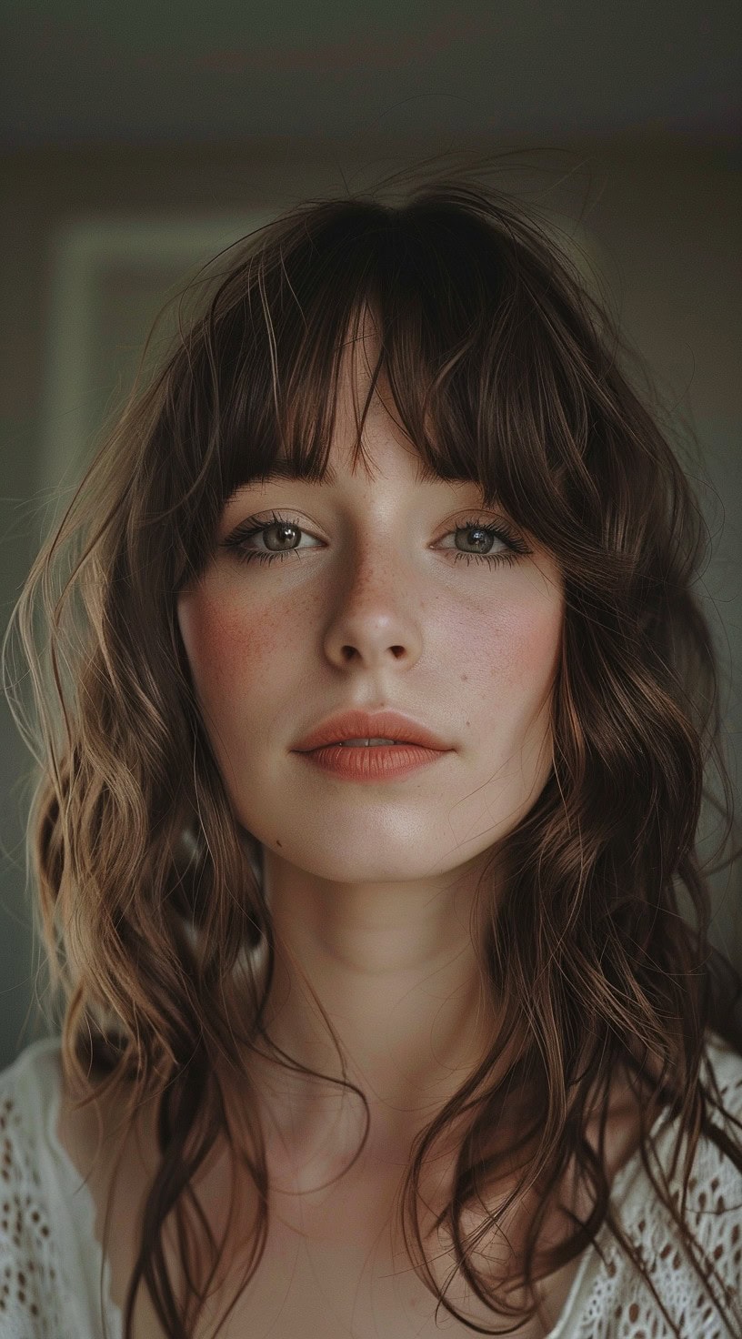 Front-facing view of a woman with mid-length, wavy hair and soft, wispy bangs.