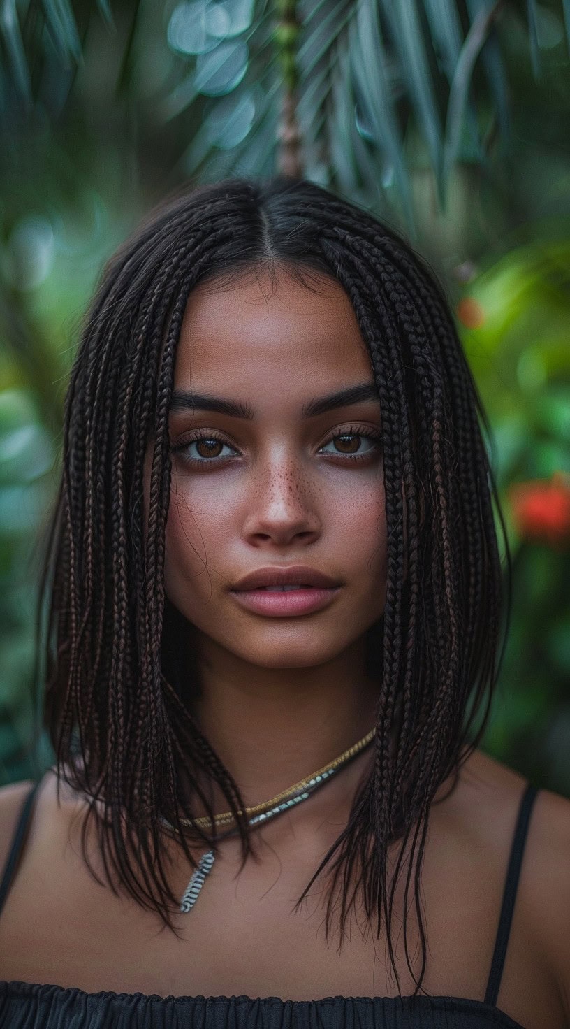 In this photo, a woman with a lob and middle-parted mini braids stands in front of lush greenery.