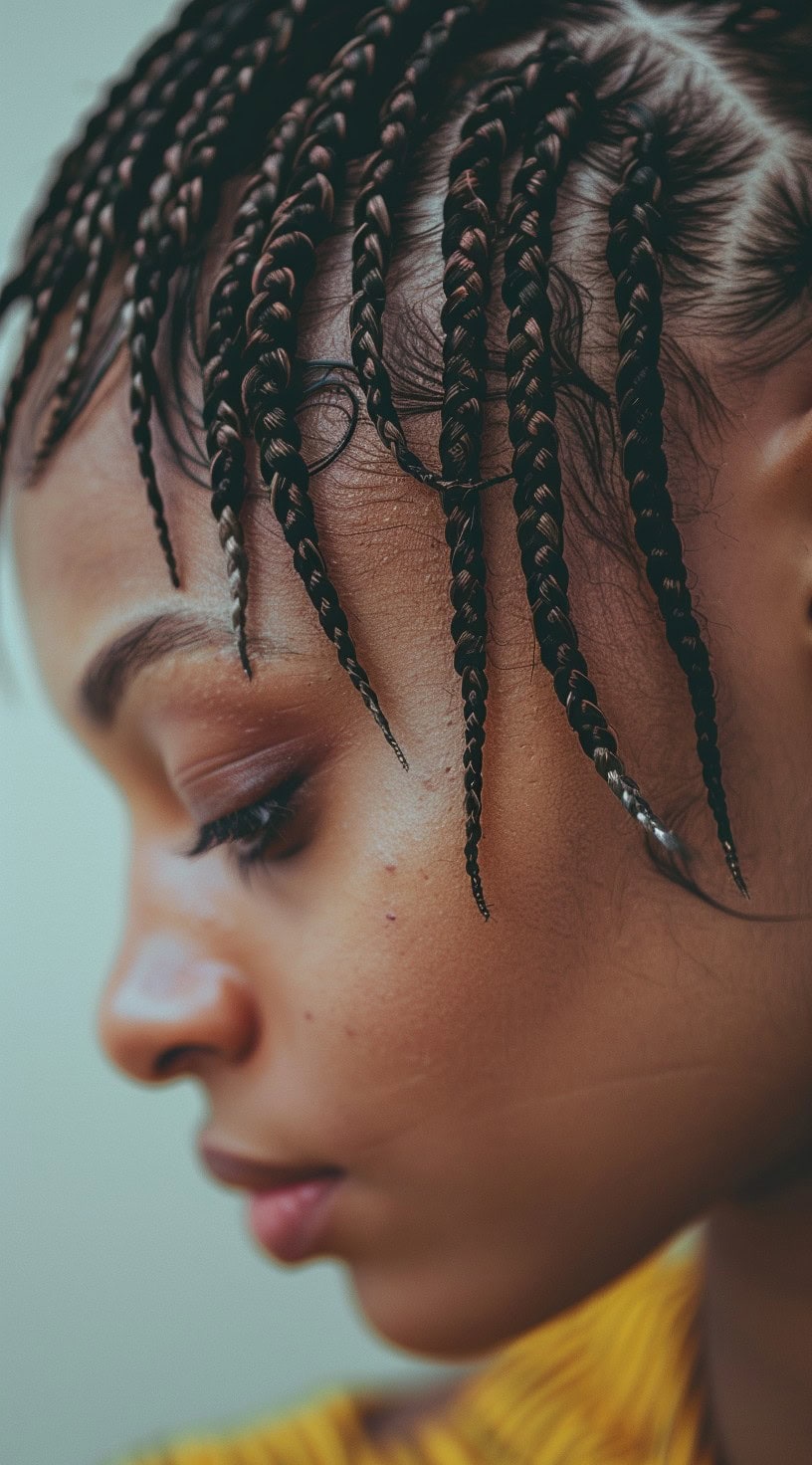 A close-up of a woman with mini braids, showing intricate details and a soft focus.