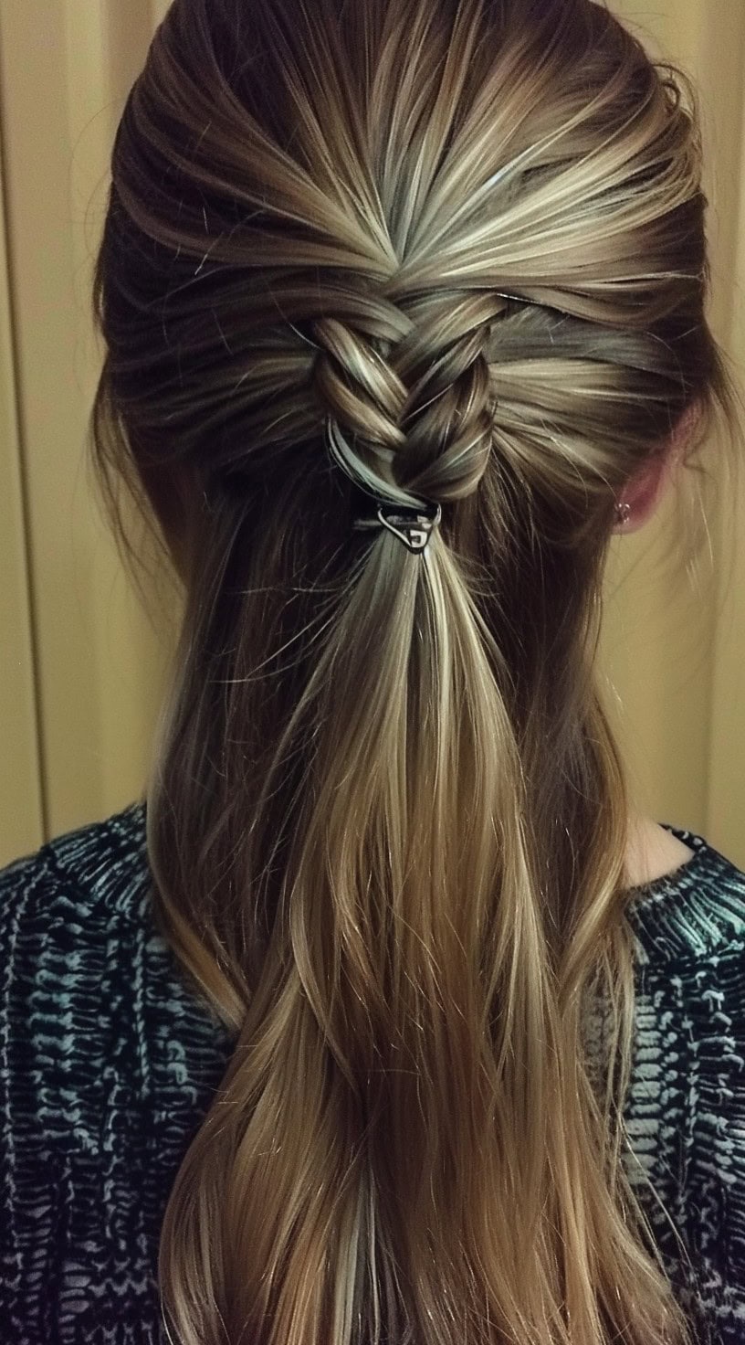 This photo shows a sleek half-up hairstyle with a mini fishtail braid.