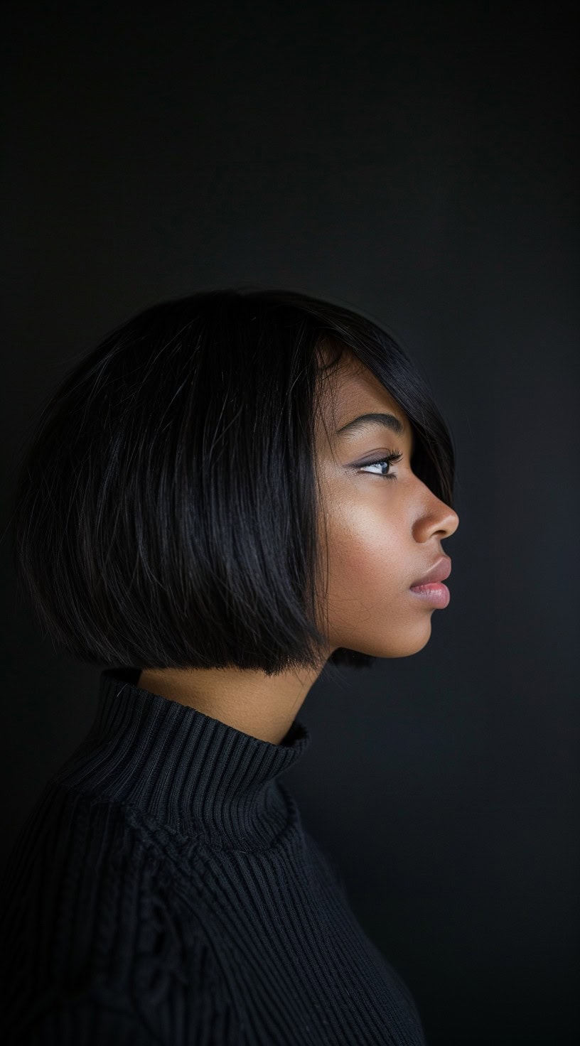 This image shows a side profile of a woman with a modern classic stacked bob, featuring dark, shiny hair.