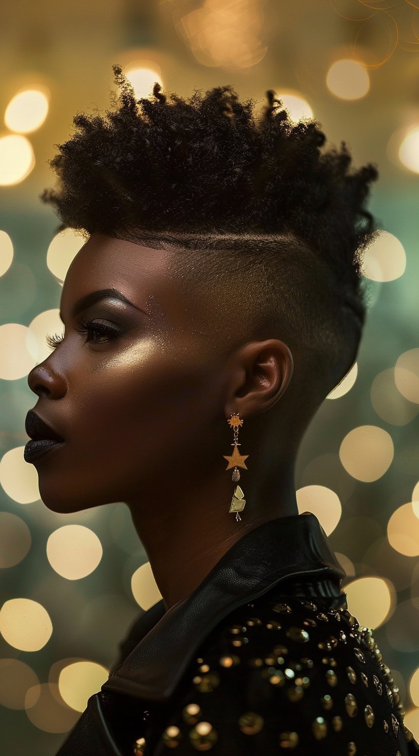 A woman with a stylish mohawk and shaved sides, adorned with bold makeup and statement earrings.