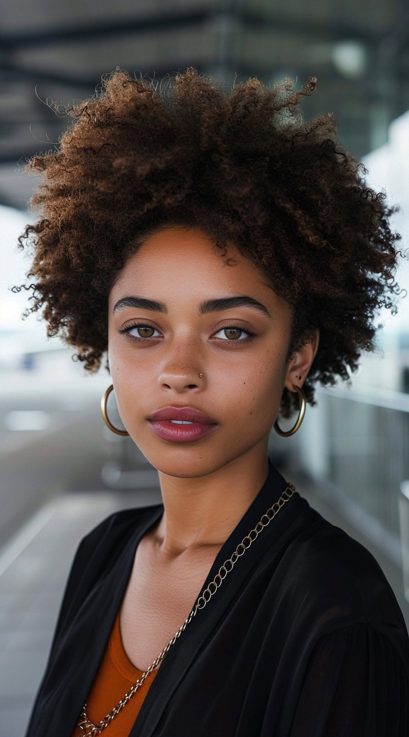 In this photo, a woman with natural afro curls is shown with a confident expression.