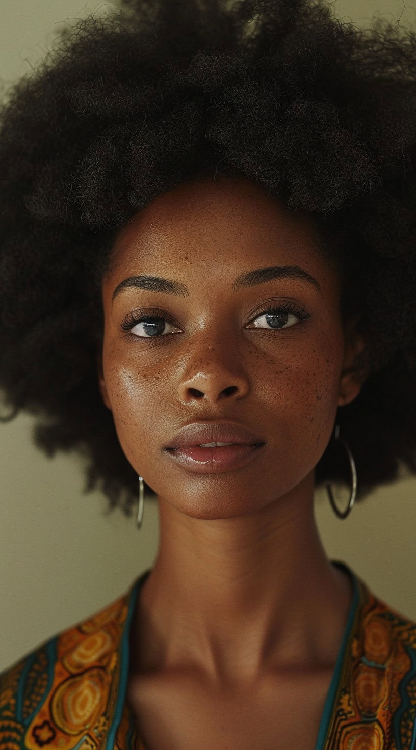 In this photo, a woman with a natural afro and hoop earrings looks directly at the camera.