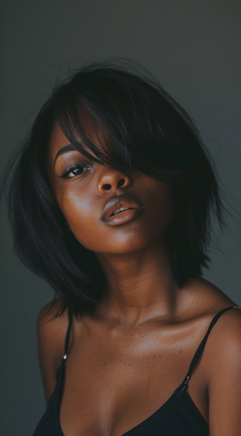 Close-up portrait of a woman with a natural bob haircut and side-swept bangs, wearing a black top.