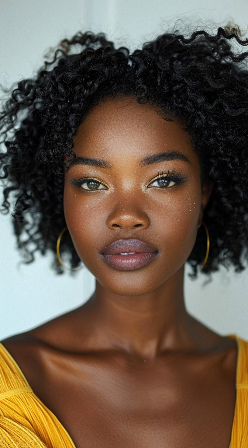 Natural braid out styled in loose, defined curls on a woman with gold hoop earrings.