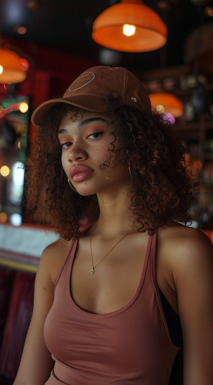 Young woman with natural curly hair wearing a brown cap.