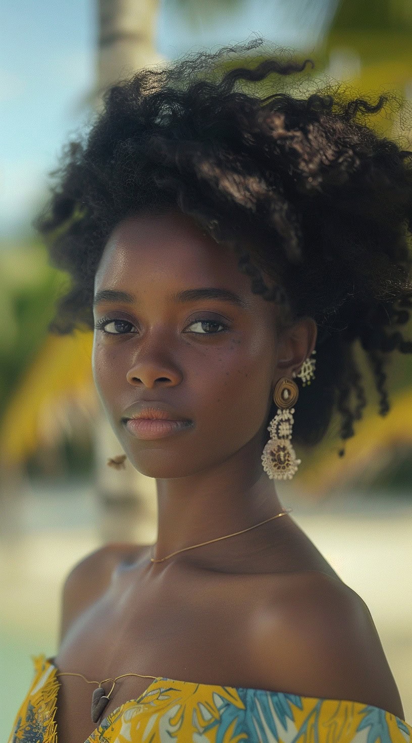 In this photo, a woman is shown with a natural curly afro, highlighted by her elegant off-shoulder top.