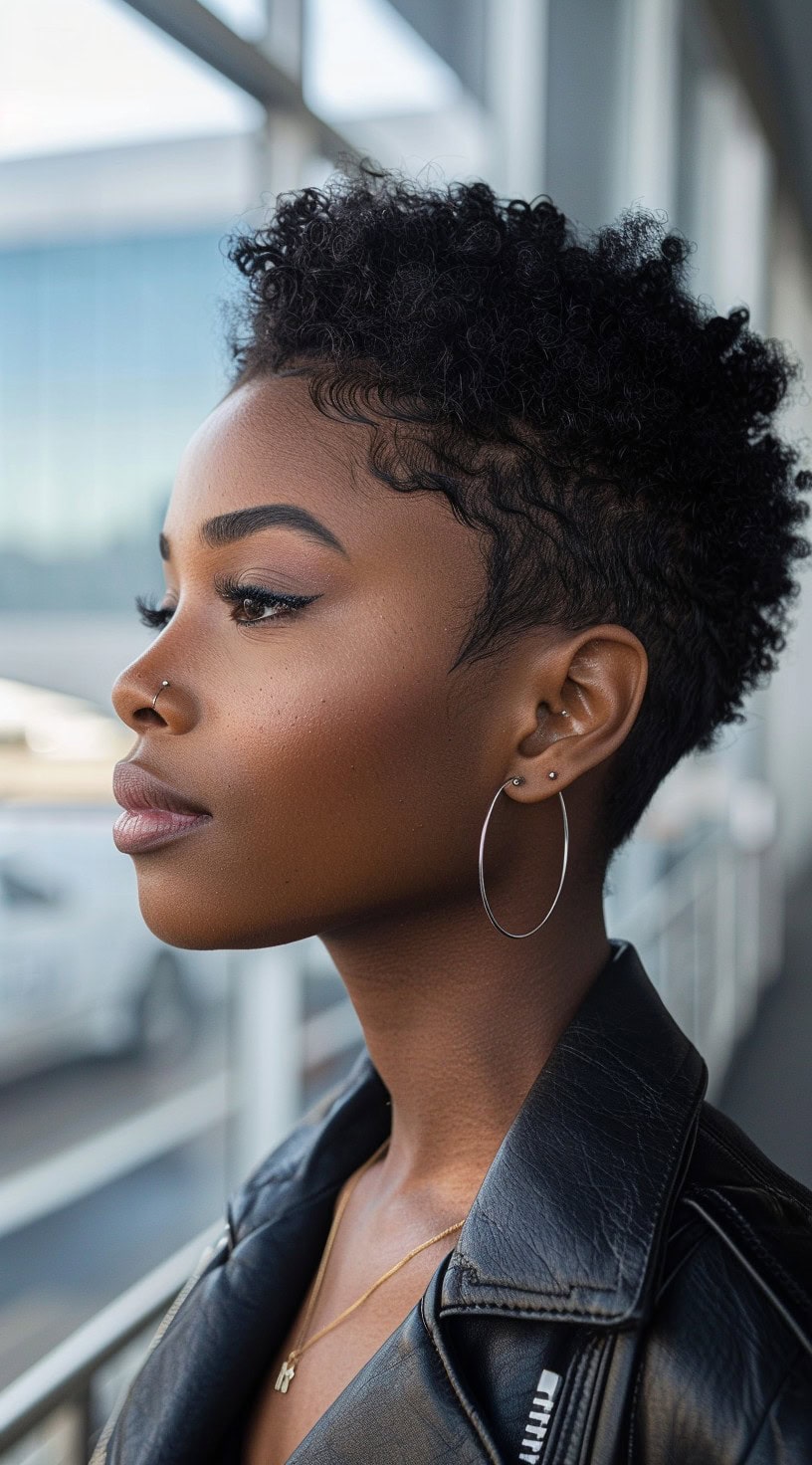 A woman with natural curly hair styled into a defined, short cut.