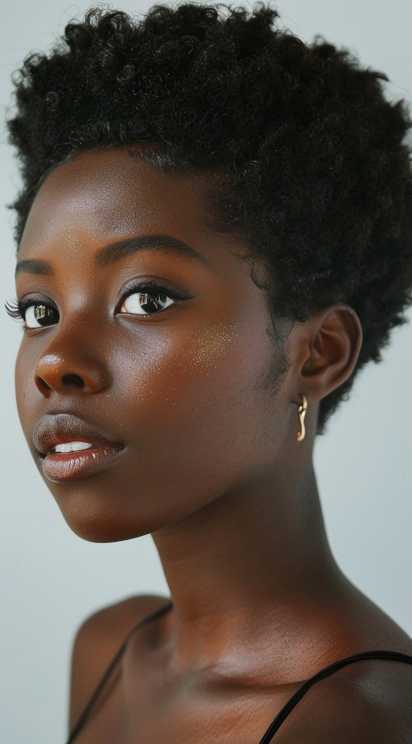 A woman with a natural hair tapered cut, her skin glowing under soft lighting.