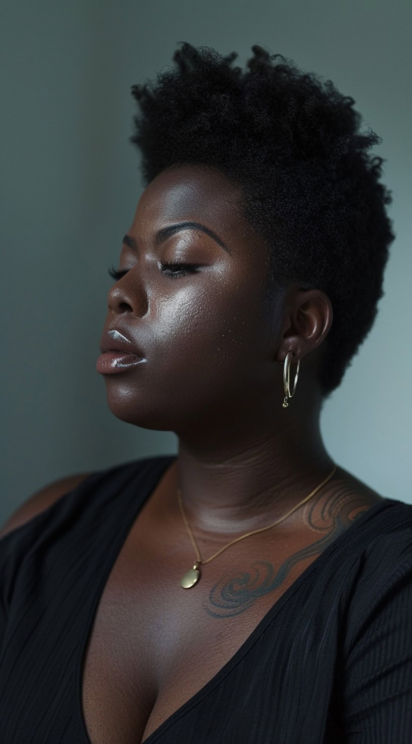 This image shows a black woman with a natural high top fade, her hair styled high and tapered on the sides.